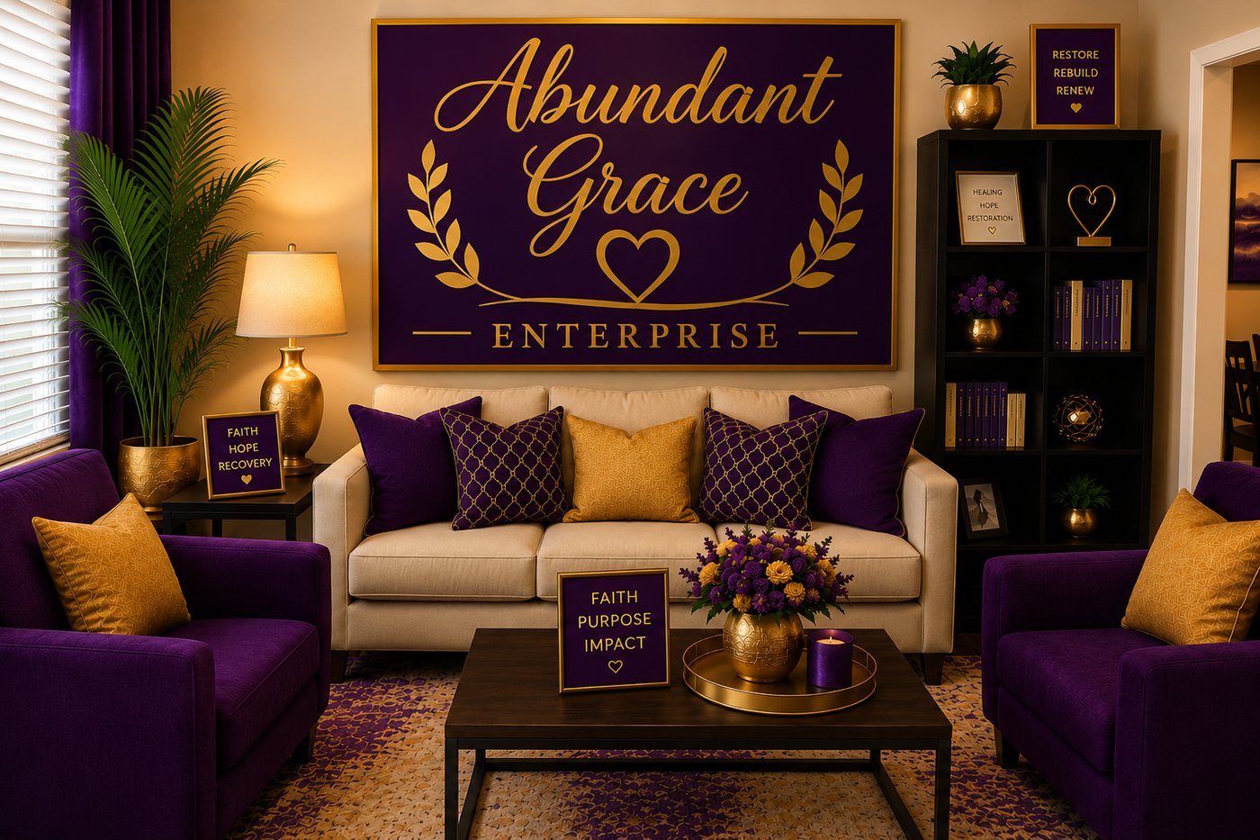 A warm, welcoming living room styled in Abundant Grace Enterprise's purple and gold, designed as a space of faith, hope, and restoration